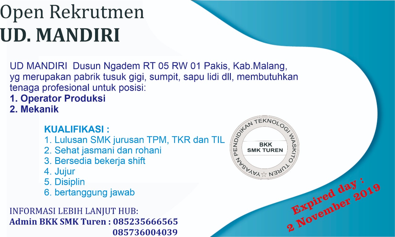 LOWONGAN KERJA UD. MANDIRI di BKK SMK Turen Malang